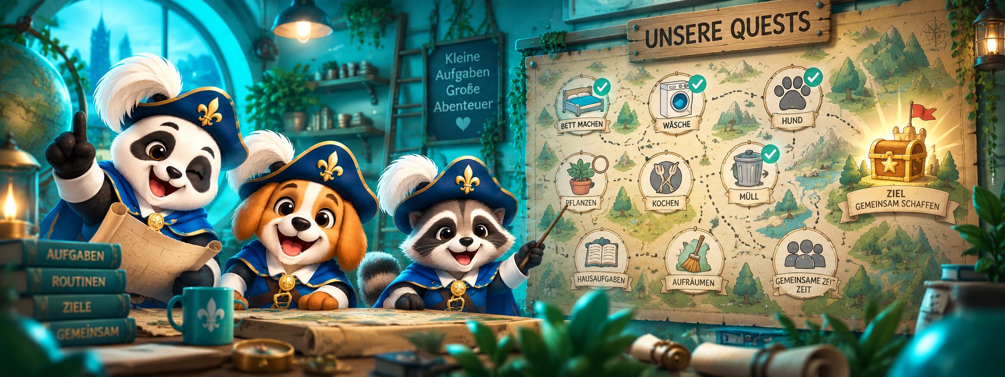 Three musketeers – a panda, a dog and a raccoon – plan their tasks in front of a map called “Our quests”: make the bed, laundry, dog, plants, cooking, trash, homework, tidying, time together – goal: achieve it together.