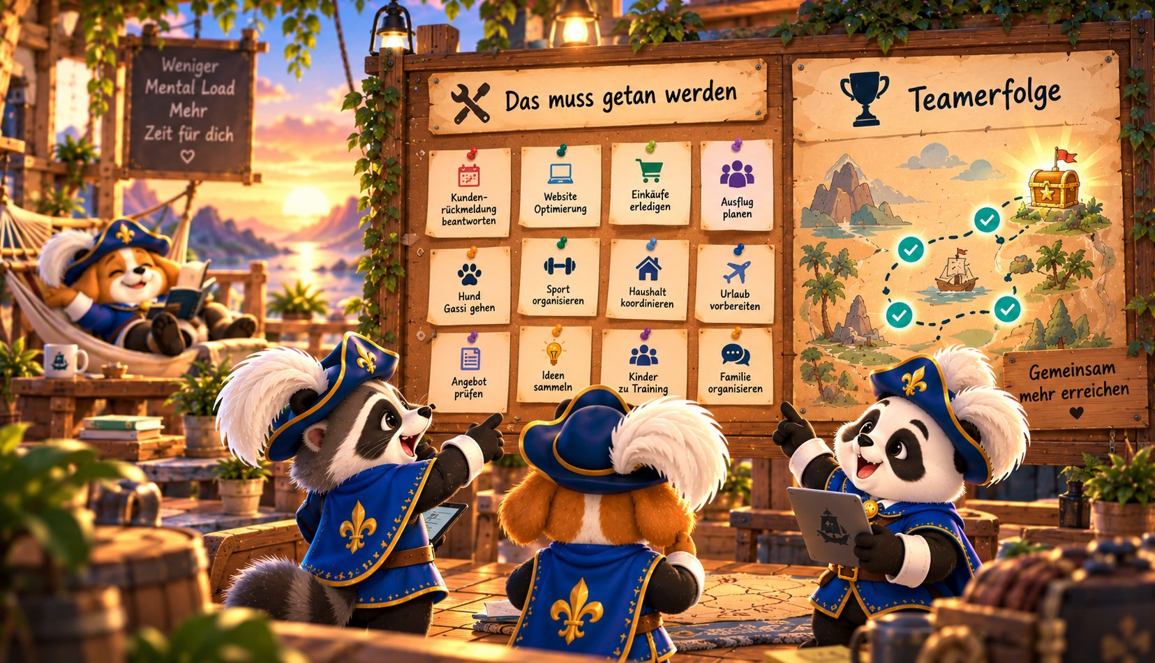 A panda, a raccoon and a dog stand with tablets in front of a board with the tasks “This needs doing” and a treasure map “Team successes”; another musketeer reads relaxed in a hammock. Board: “Less mental load, more time for you”.