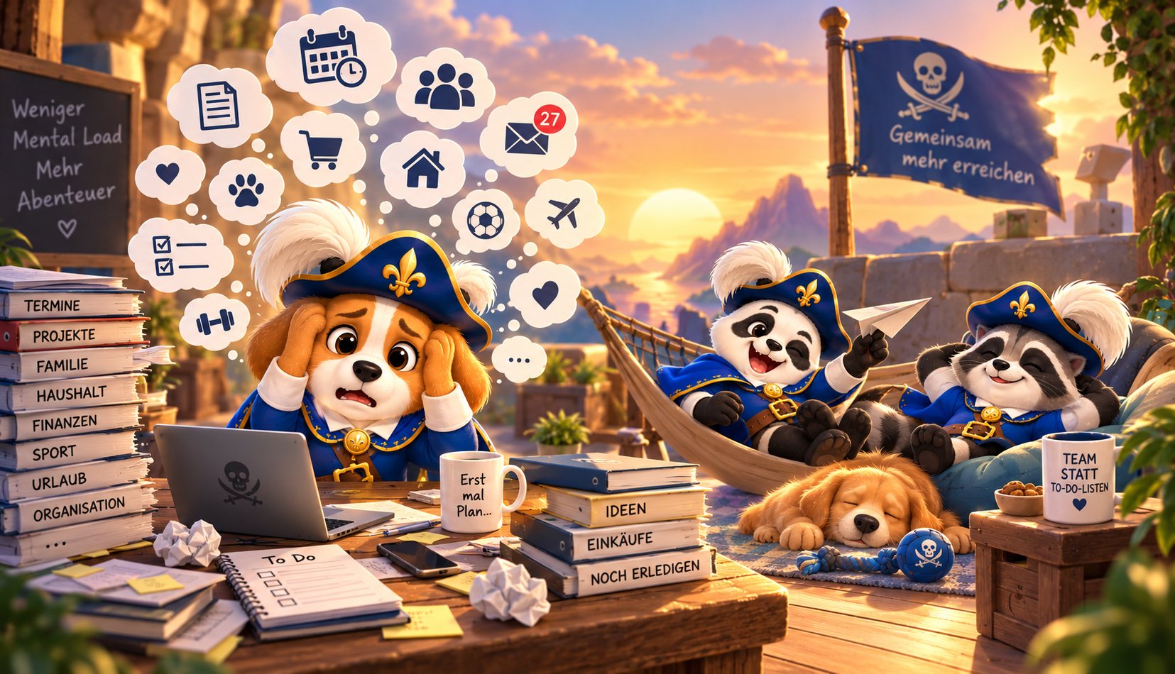 A musketeer dog sits in front of a laptop and stacks of files with many thought bubbles above his head, while a panda and a raccoon relax in a hammock next to him. Board: “Less mental load, more adventure”. Flag: “Achieve more together”.